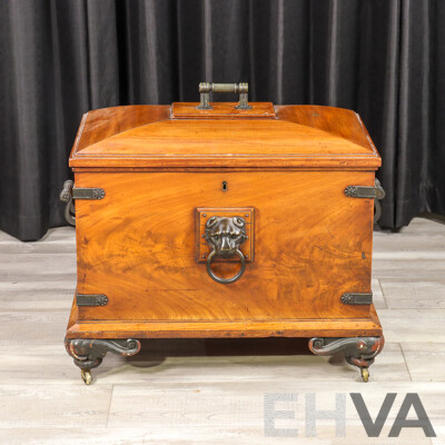 Mid Victorian Elm and Brass Bound Cellarette with Lion Mask Handles and Lead Lined Interior