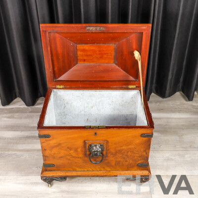Mid Victorian Elm and Brass Bound Cellarette with Lion Mask Handles and Lead Lined Interior