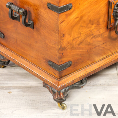 Mid Victorian Elm and Brass Bound Cellarette with Lion Mask Handles and Lead Lined Interior