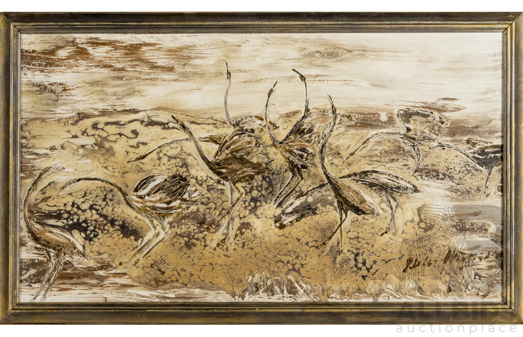 Helen Harrison (20th Century, Australian), the Brolga, Wonderful Vintage Original Oil on Masonite, 38 x 63 cm (frame)