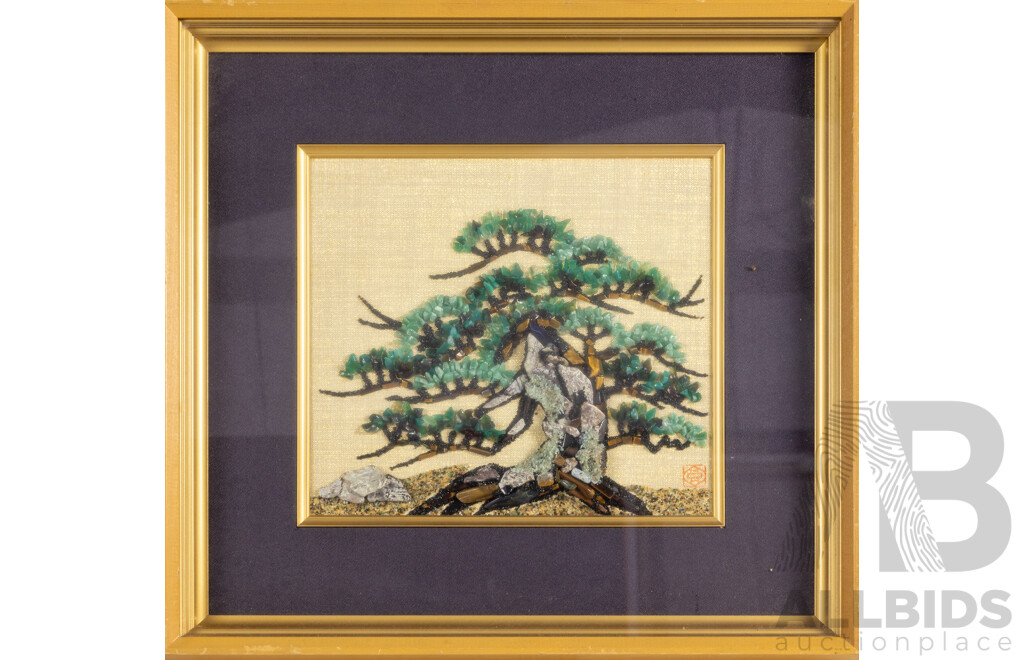 Artist Unknown (20th Century, Asian School), Bonsai Tree, Original Vintage Hand Crafted Japanese Semi Precious Gem Stones on Gold Threaded Fabric Panel, 42 x 45 cm (frame)