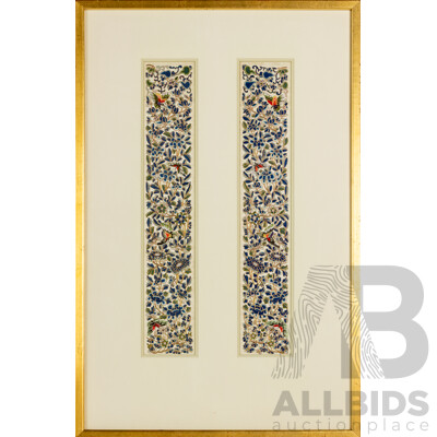 Artist Unknown (Early-Mid 20th Century), Butterflies & Blue Flowers, Beautiful & Delicately Hand Embroidered Vintage Forbidden Stitch on Dual Silk Panels, 72 x 47 cm (frame)