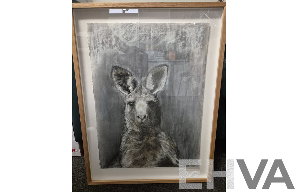 L64 - Framed Charcoal Drawing of Kangaroo by Sally Simpson