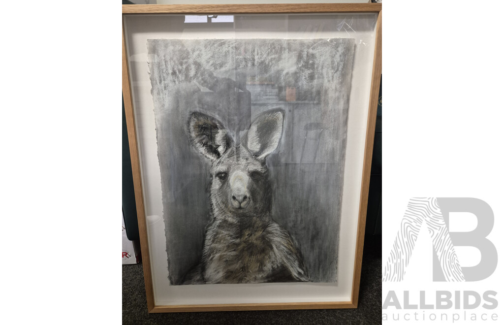 L64 - Framed Charcoal Drawing of Kangaroo by Sally Simpson