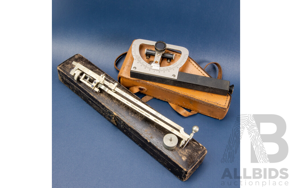 Stanley Great Turnstile Polar Planimeter in Original Case and Surveyors Abney Level with Leather Case