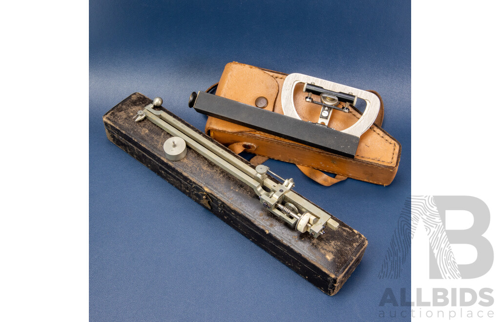 Stanley Great Turnstile Polar Planimeter in Original Case and Surveyors Abney Level with Leather Case
