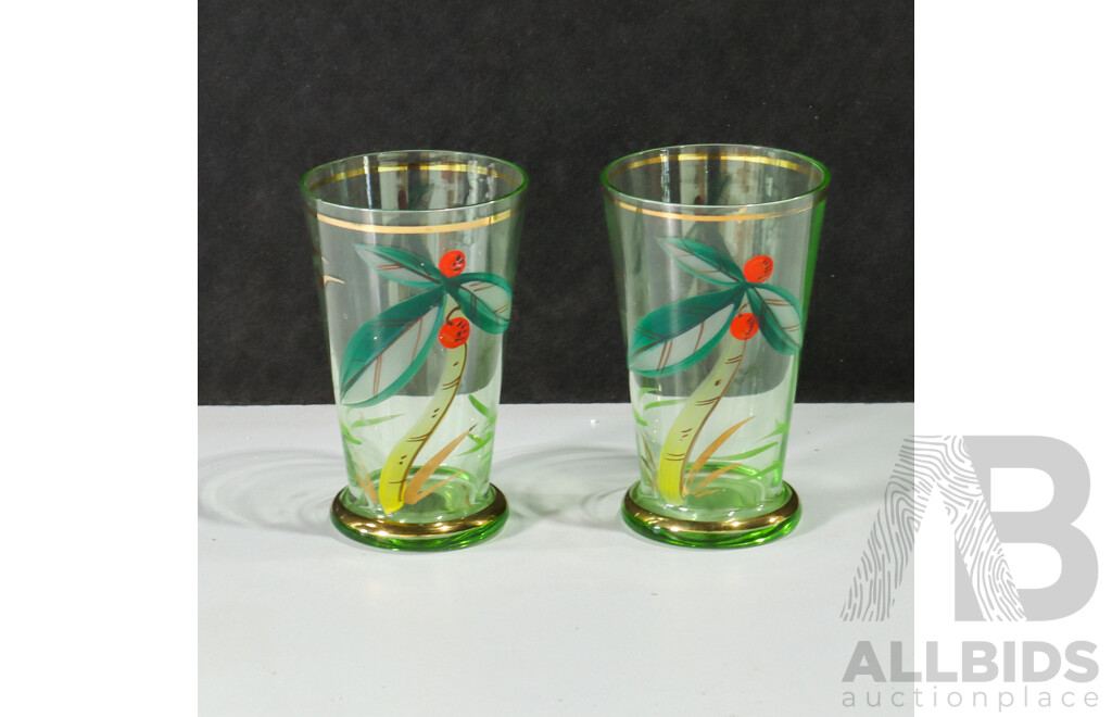Two Translucent Green Tinted Glasses with Gold Details and Palm Tree
