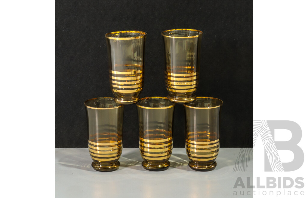 Set of 4 Amber Glasses with Gold Details