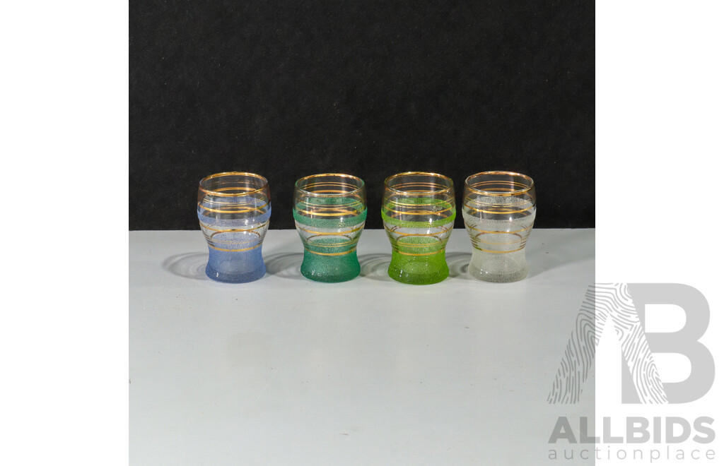 Set of 4 Coloured Sugar Frosted Shot Glasses with Gold Stripes