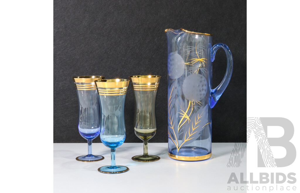 Set of 3 Transparent Colour Tinted Champagne Glasses with Blue Jug