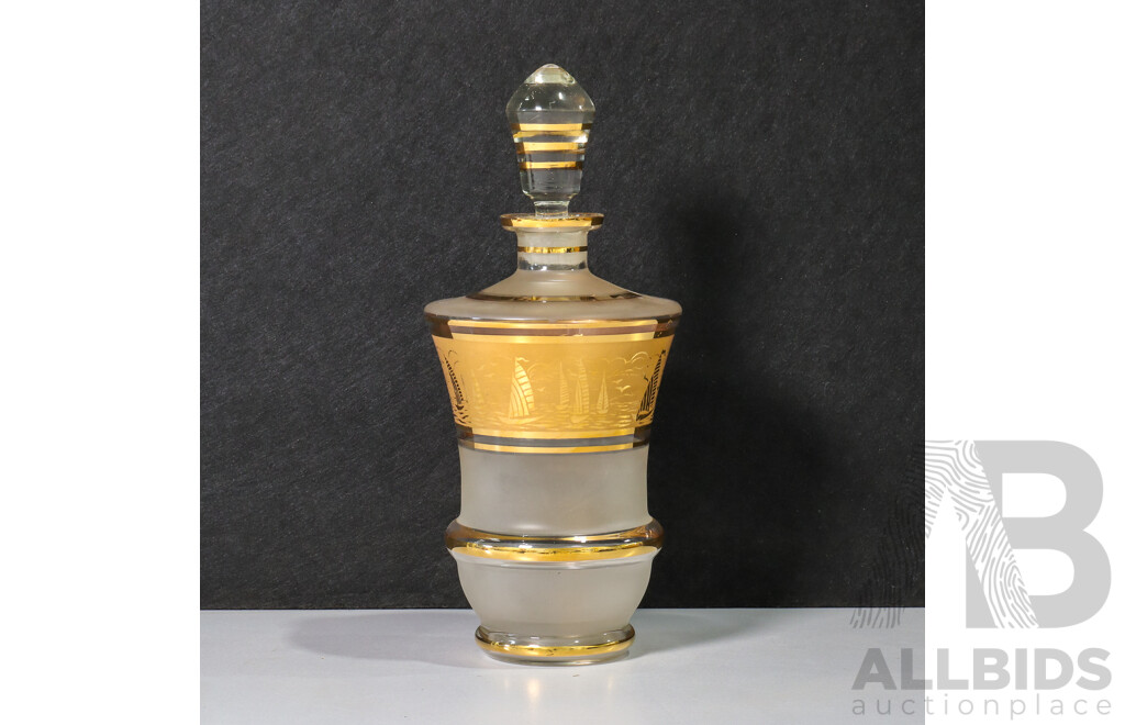 Frosted Glass Decanter Featuring Gold Boats and Gold Detailing