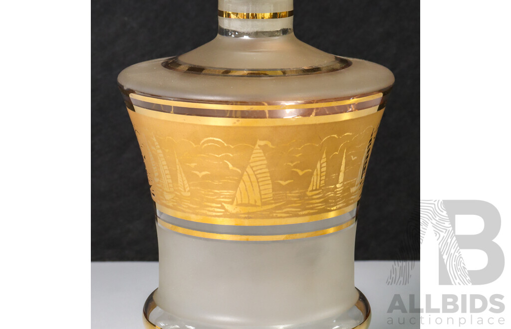 Frosted Glass Decanter Featuring Gold Boats and Gold Detailing