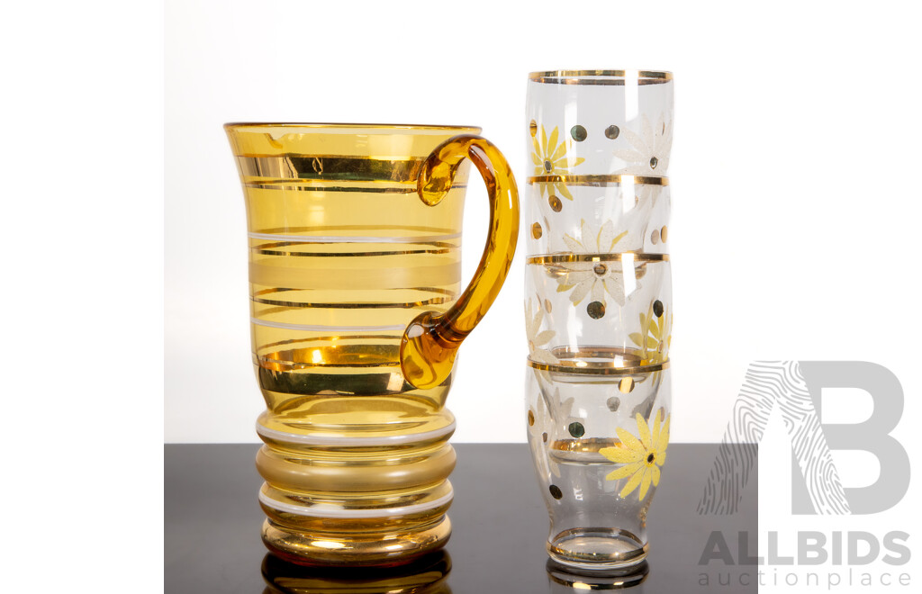 Retro Amber Glass Five Piece Drinks Suite
