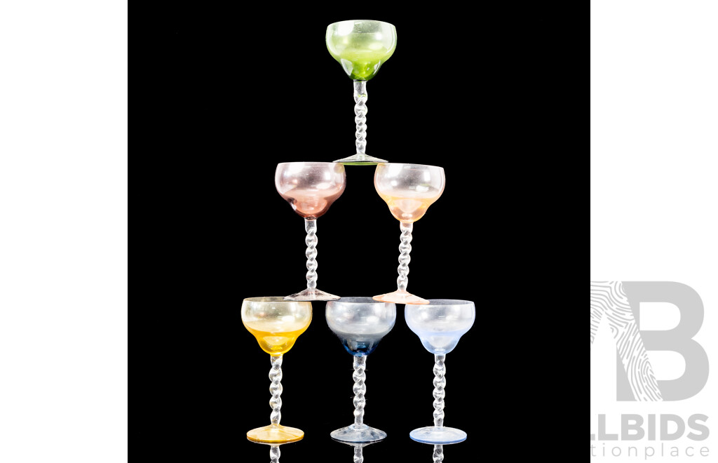 Set of Six Harlequin Wine Glasses on Barley Twist Stem