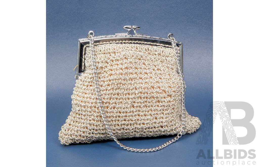 Vintage Silver Micro Beaded Mesh Evening Clutch Purse