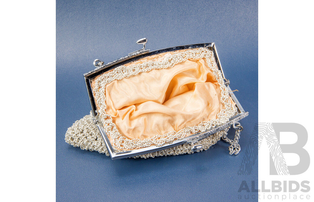 Vintage Silver Micro Beaded Mesh Evening Clutch Purse