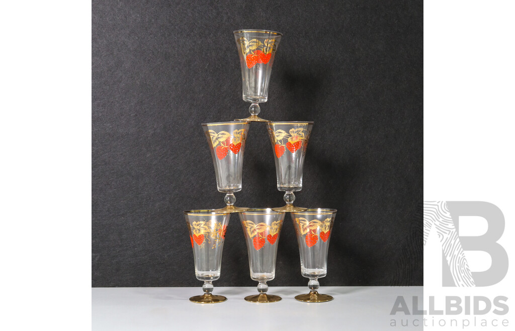 Set of 6 Champagne Glass Cups with Gold and Floral Design with Red Strawberry's