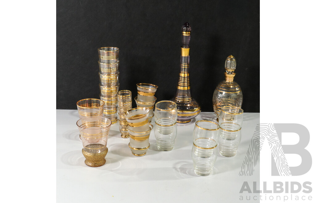 Collection of Glassware Including Decanter, Glasses and Shot Glasses with Gold Details
