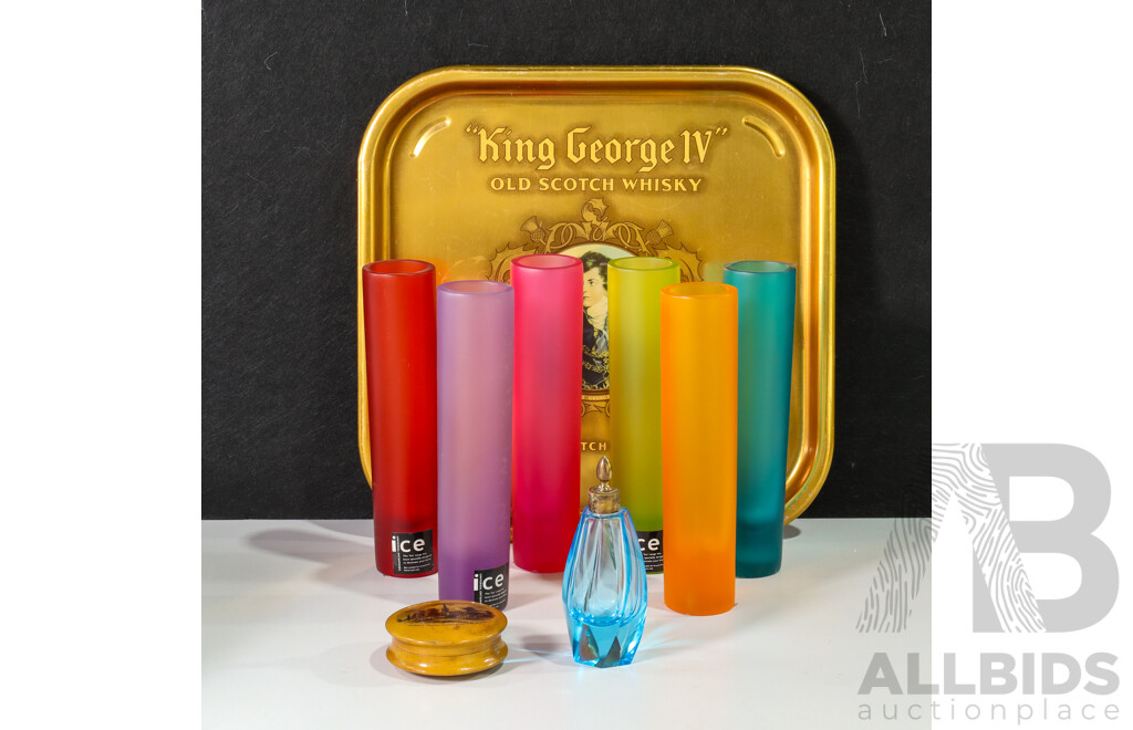Six Coloured Plastic Cups, Perfume Bottle and King George Tray