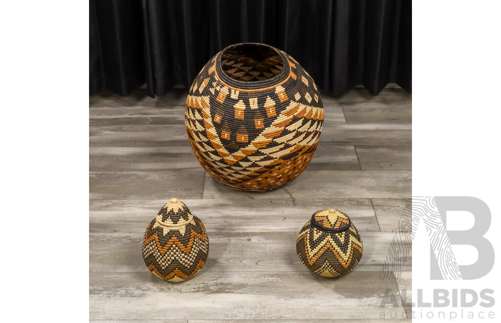 Collection of Three Graduated Woven Tribal Baskets
