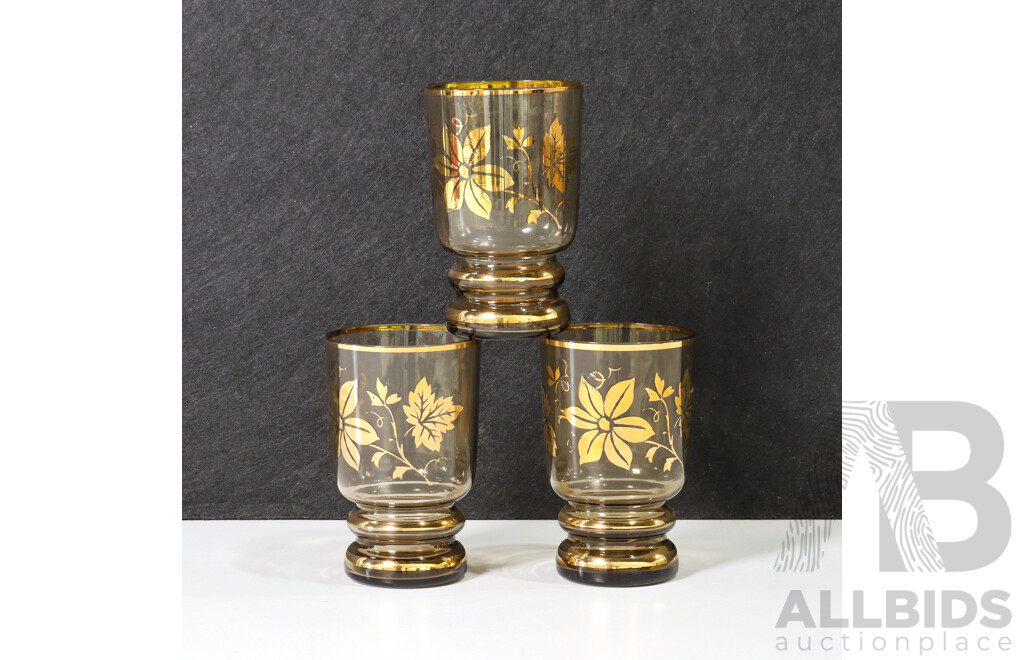 Set of 3 Glass Cups with Gold Floral Design and Details