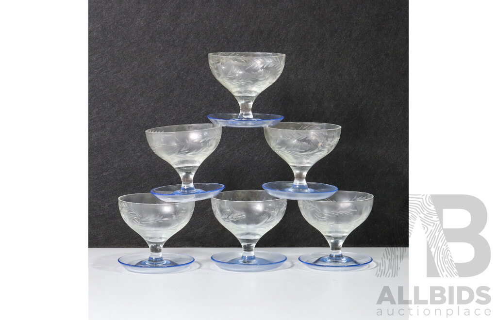 Set of 6 Champagne Coupe Glasses with Translucent Blue Tint on the Base and Woodchester Pattern