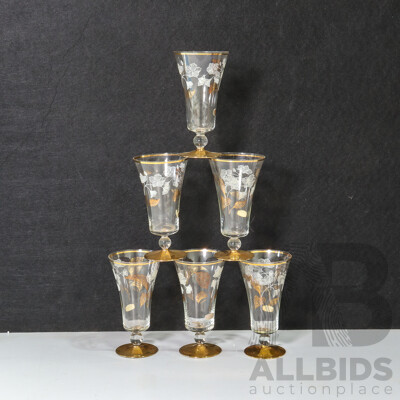 Set of 6 Glasses with Floral Engraving and Gold Base and Details