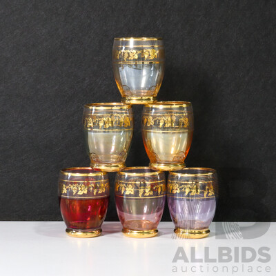 Set of 6 Coloured Tint Glasses with Gold Stripes