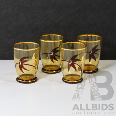 Set of 4 Transparent Amber Tinted Glasses with Floral Design and Gold Details