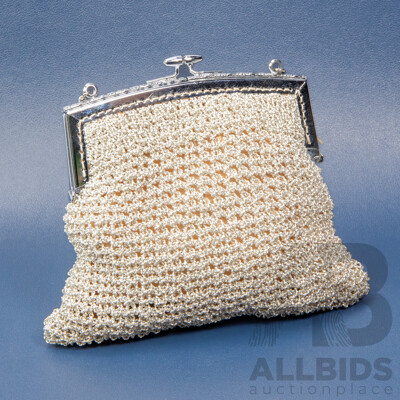 Vintage Silver Micro Beaded Mesh Evening Clutch Purse