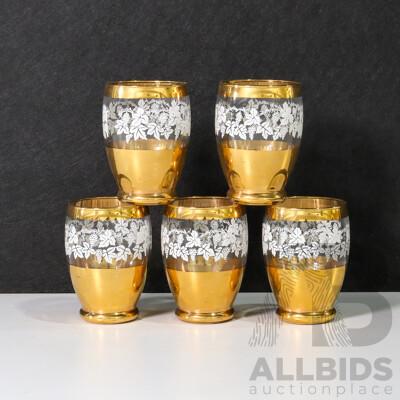 Set of 5 Glass Cups with Gold and White Vines