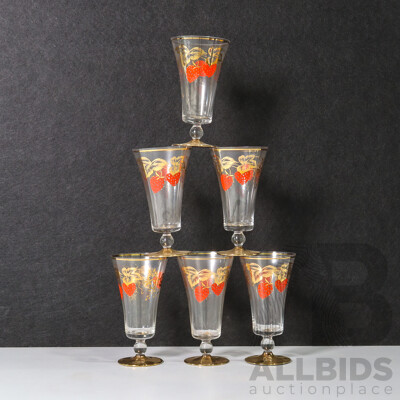 Set of 6 Champagne Glass Cups with Gold and Floral Design with Red Strawberry's