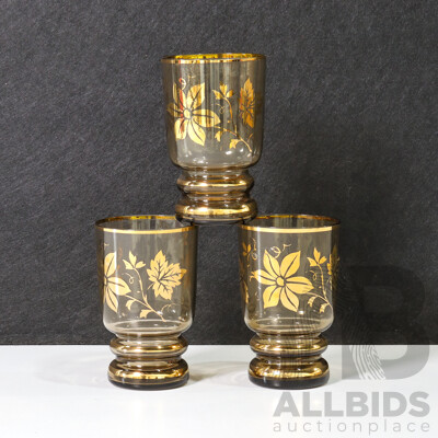 Set of 3 Glass Cups with Gold Floral Design and Details