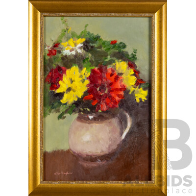 Brother Don Gallagher, (20th Century, Australian, 1925-2017), Still Life with Zinnias, Absolutely Wonderful Original Oil on Canvas Board, 49 x 35 cm (frame)