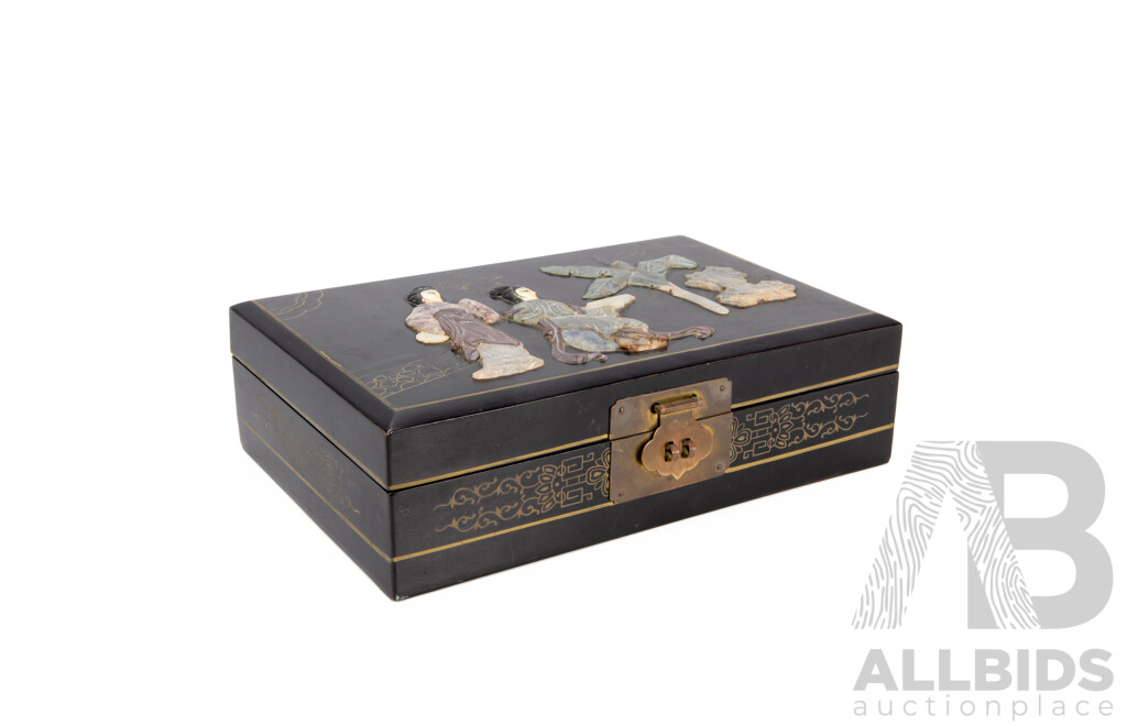 Oriental Wooden Jewellery Box with Carved Semi-Precious Stone Inlay