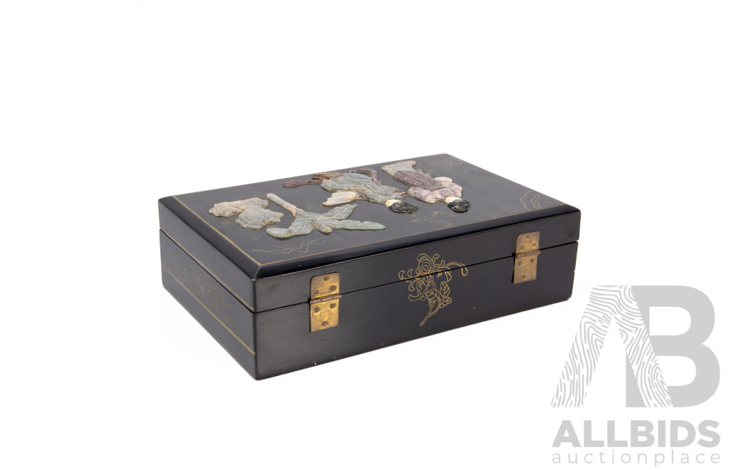 Oriental Wooden Jewellery Box with Carved Semi-Precious Stone Inlay