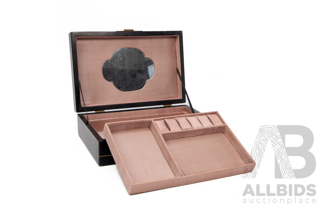 Oriental Wooden Jewellery Box with Carved Semi-Precious Stone Inlay