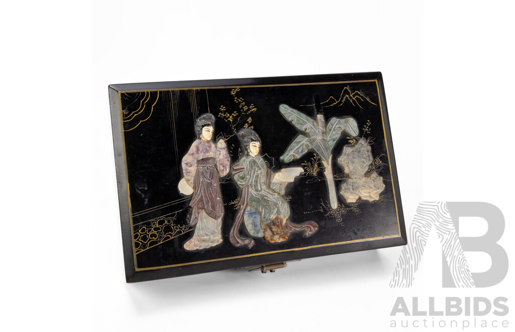 Oriental Wooden Jewellery Box with Carved Semi-Precious Stone Inlay