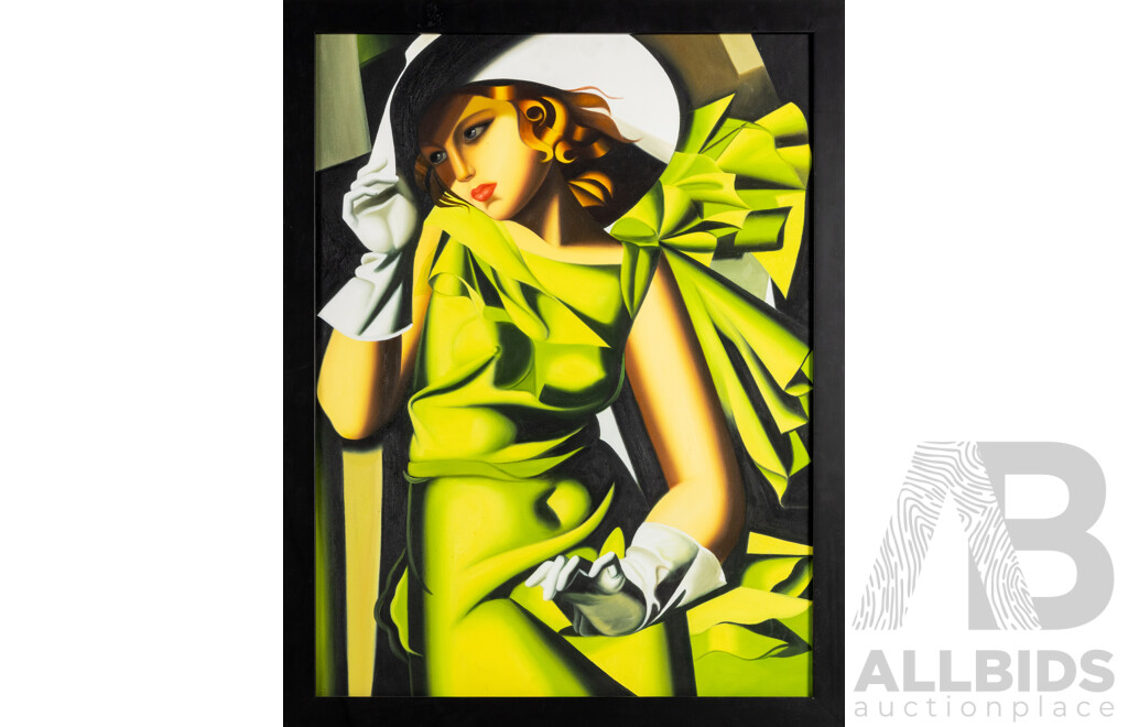 After Tamara De Lempicka, (19/20th Centuries, Polish, 1894-1980), Young Woman in Green, Reproduction Oil on Canvas After Original, 87 x 67 cm (frame)
