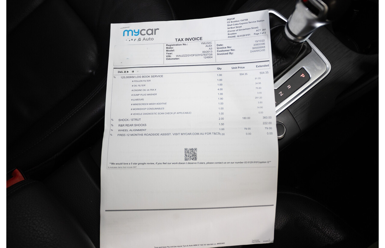 02/2015 Audi A3 1.4 TFSI ATTRACTION COD 8V MY14 4D Sedan Glacier White Turbo 1.4L