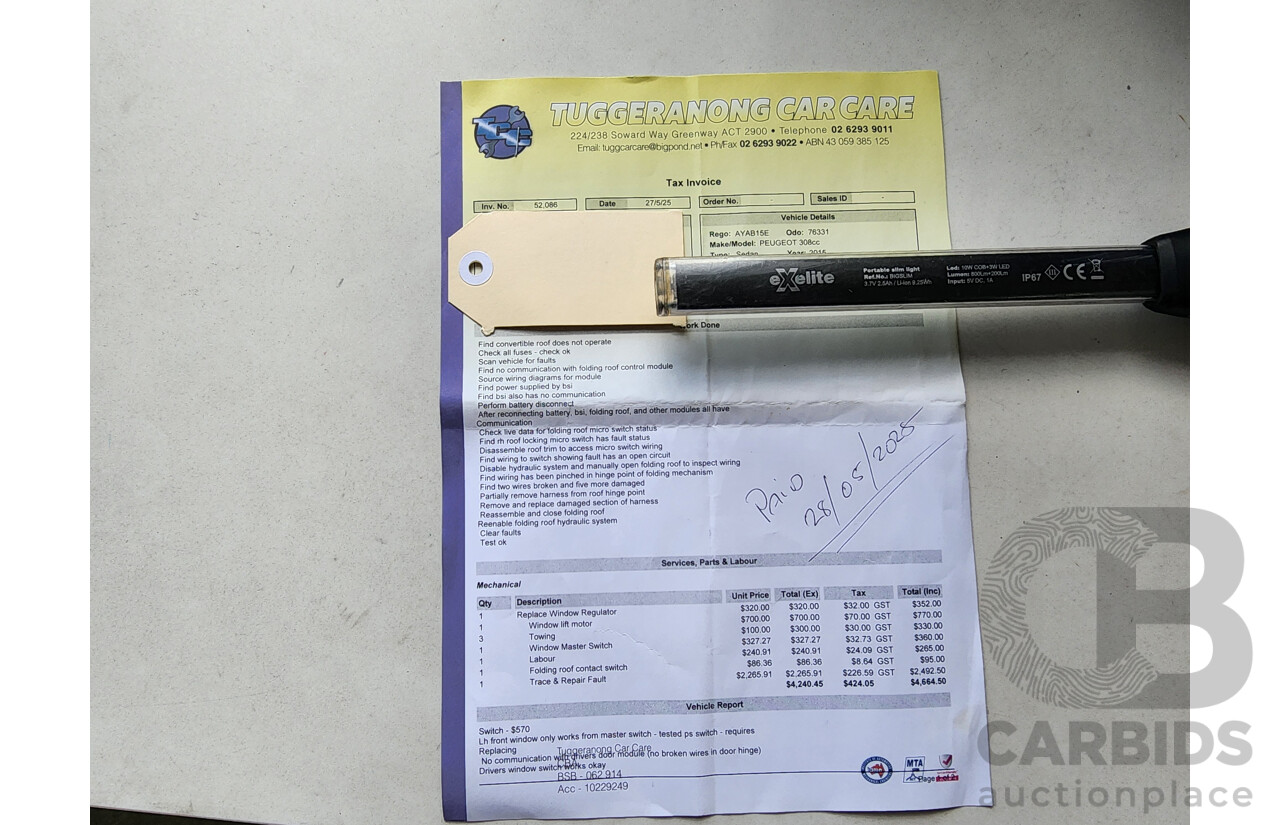 2/2015 Peugeot 308 CC Allure Turbo 11 UPGRADE 2d Cabriolet White 1.6L