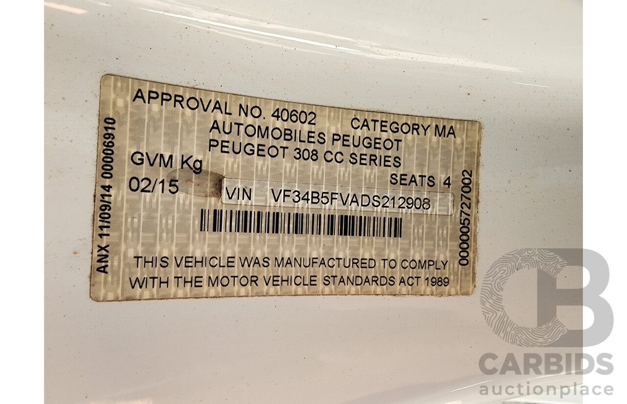 2/2015 Peugeot 308 CC Allure Turbo 11 UPGRADE 2d Cabriolet White 1.6L