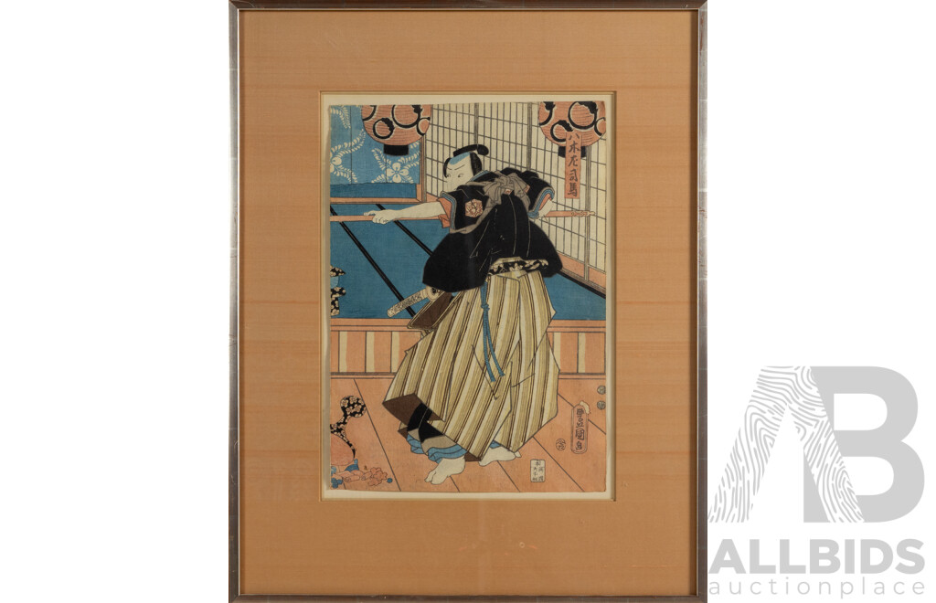Utagawa Kunisada (aka Toyokuni III), (19th Century, Japanese, 1786-1865), Kabuki Warrior, Wonderful Antique Woodblock Print, 54 x 42 cm (frame)