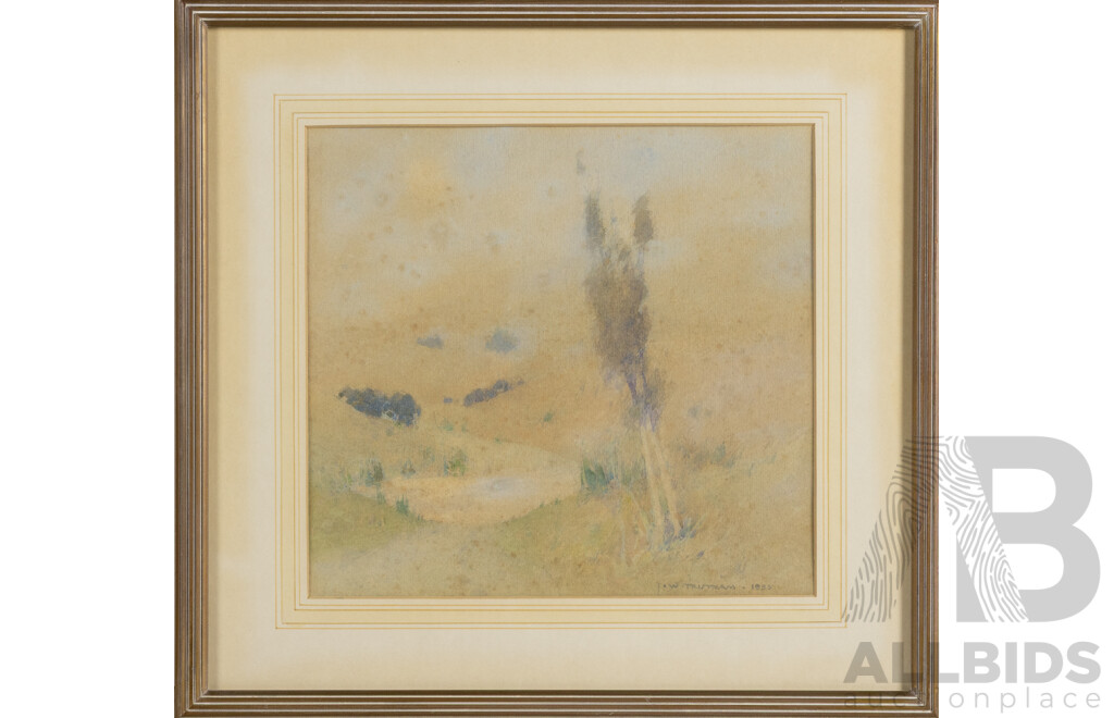 John William Tristram (19/20th Century, British-Born Australian, 1870-1938), Lone Tree with Morning Mist (1935), Wonderful Almost Antique Watercolour, 36 x 38 cm (frame)
