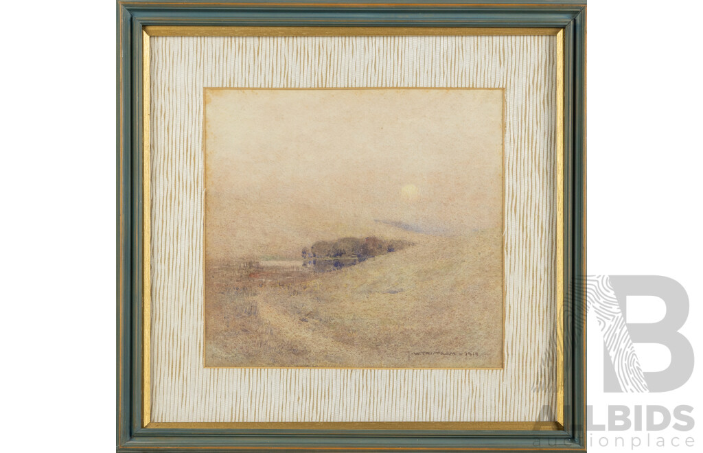 John William Tristram (19/20th Century, British-Born Australian, 1870-1938), Hillside at Dusk (1919), Gorgeous Antique Watercolour, 44 x 46 cm (frame)