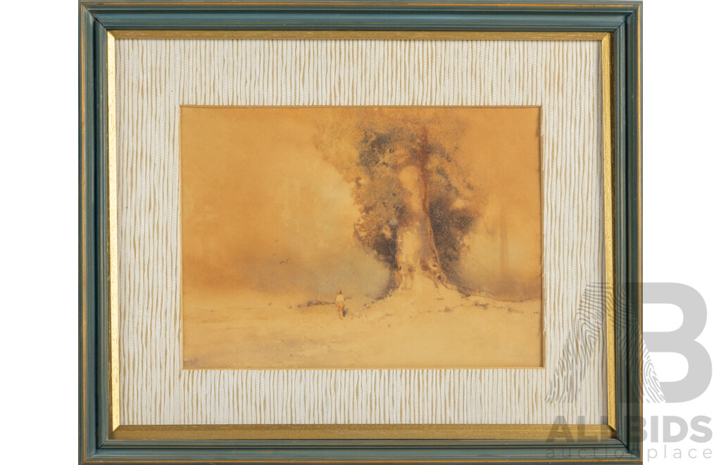 (Possibly) John William Tristram (19/20th Century, British-Born Australian, 1870-1938), ), Early Morning Walk by Gum Tree, Antique Watercolour, 38 x 46 cm (frame)