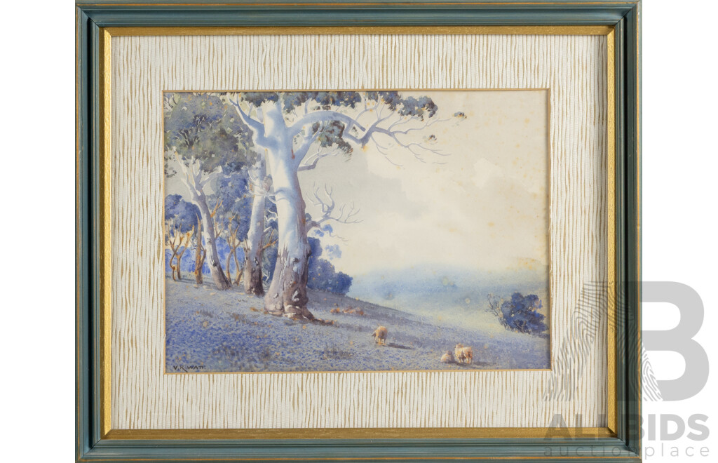Victor Robert Watt, (19/20th Centuries, Australian, 1886-1970), Grazing Sheep by Gum Trees, Lovely Original Antique Watercolour, 42 X 52 Cm (frame)