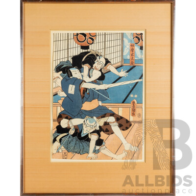 Utagawa Kunisada (aka Toyokuni III), (19th Century, Japanese, 1786-1865), Kabuki Trio Mid-Fight, Wonderful Antique Woodblock Print, 54 x 42 cm (frame)