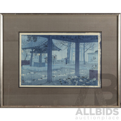 Shiro Kasamatsu, (20th Century, Japanese, 1898-1991), Yushima Tenjin Shrine in Spring Rain (1930-35), Wonderful Hand Signed Almost Antique Woodblock, 45 x 57 cm (frame)