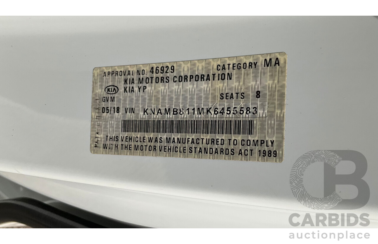 05/2018 Kia Carnival S (FWD) YP PE MY19 4d Wagon Clear White V6 3.3L